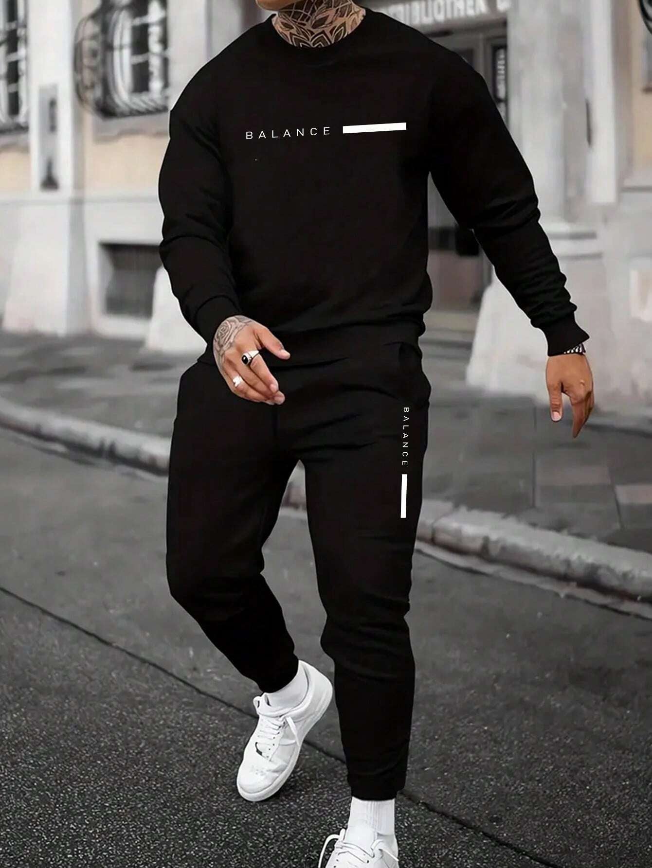 Manfinity Homme 2Pcs Men'S Casual Letter Printed Sweatshirt and Sweatpants Set, for Daily Leisure , Track Suit , Urban , Color Block, Fall Clothes